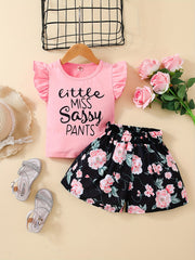 2pcs Toddler Girls Little Miss Sassy Top & Floral Shorts Set