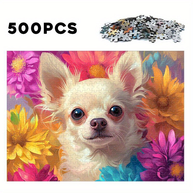 Chihuahua in Flower Bush Wooden Jigsaw Puzzle High Difficulty Level