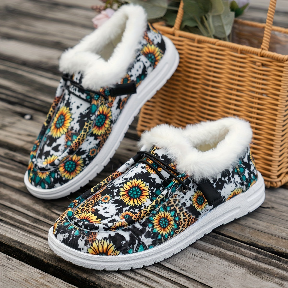 Women's Cow & Floral Print Slip-On Flat Fleece Lining Winter Shoes