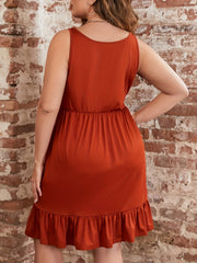 Casual Dress Women's Solid Button Ruffle Trim Round Neck Tank Dress