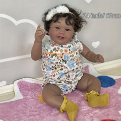 Adorable 24" Reborn Doll Smiling Face Dark Brown Skin Hand Rooted Hair