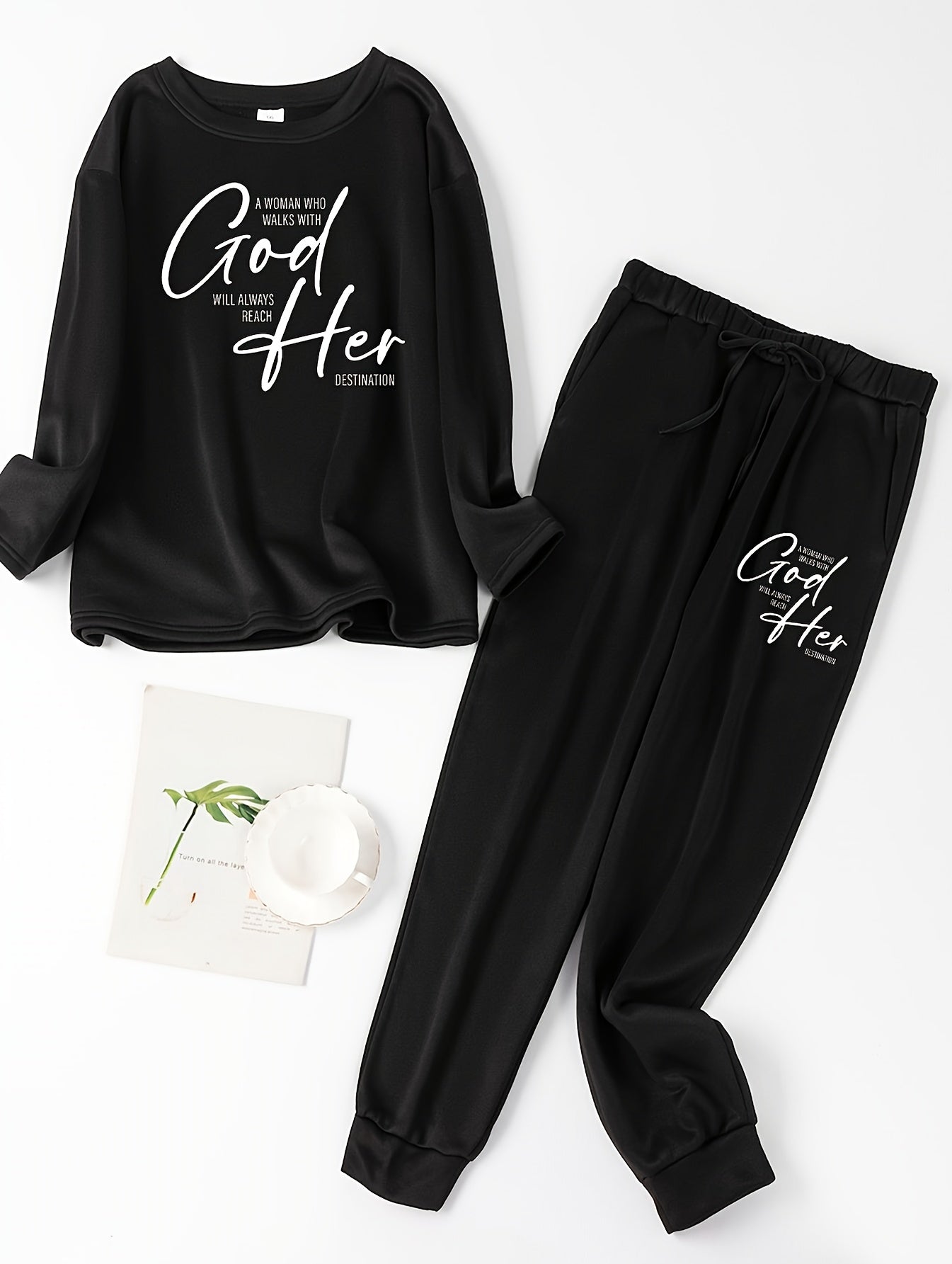 Lounge Set Women's Slogan Print Fleece Tee & Joggers Pajamas