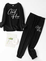 Lounge Set Women's Slogan Print Fleece Tee & Joggers Pajamas