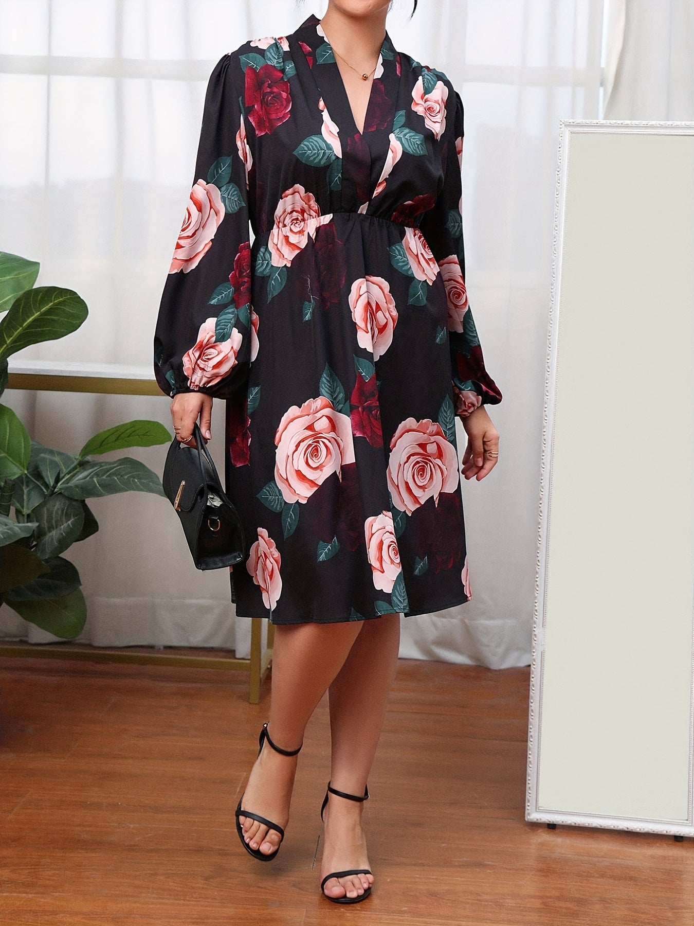 Casual Dress Women's Plus Floral Print Lantern Sleeve V Neck Dress