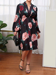Casual Dress Women's Plus Floral Print Lantern Sleeve V Neck Dress