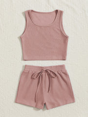 Girl's Ribbed Tank Top & Shorts Set Solid Casual Outfits for Summer