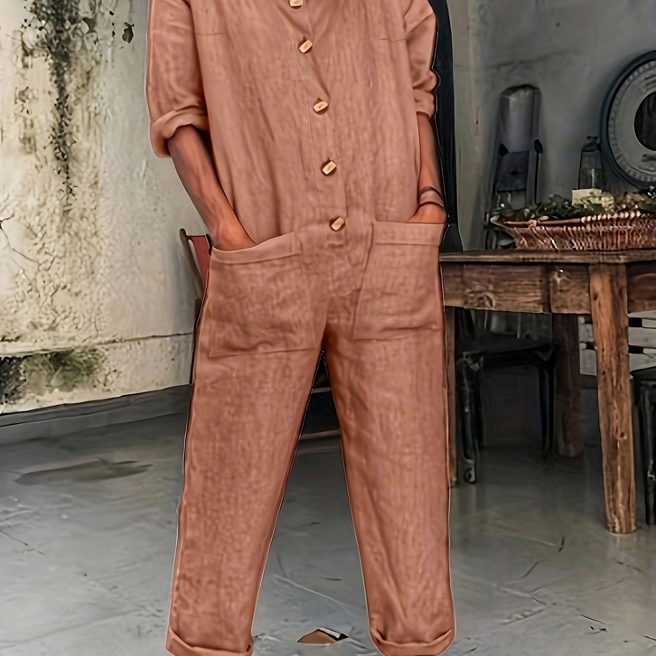 Casual Jumpsuit Solid Button Up Half Sleeve Round Neck With Pockets