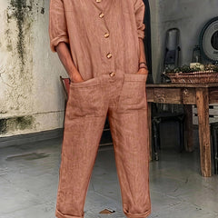 Casual Jumpsuit Solid Button Up Half Sleeve Round Neck With Pockets
