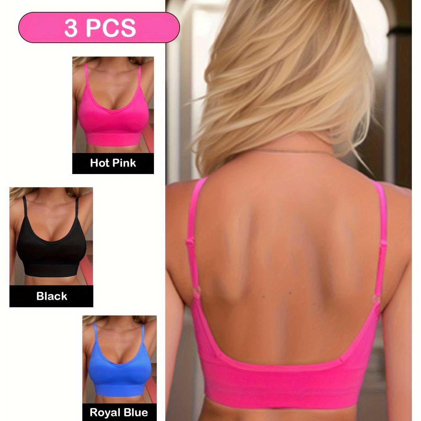 3pcs Solid Ribbed Sports Bras Stretch Intimates Bra Women's Lingerie
