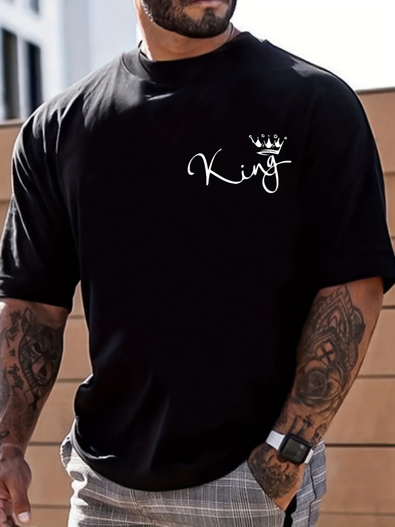 King Print Men's Graphic Crew Neck Niche T shirt Casual Comfy Tees