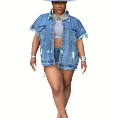 Raw Trim Denim Jackets Short Sleeves Ripped Holes Lapel Versatile Denim Coats