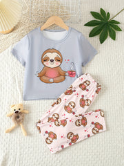 Girls Sloth Graphic T-shirt & Pants Set, Summer Holiday Kids Clothes