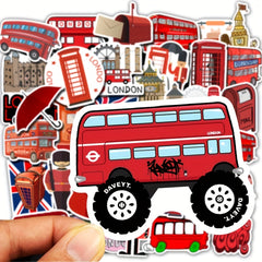 50pcs London Red Bus Graffiti Waterproof Vinyl Decals for Water Bottle Laptop