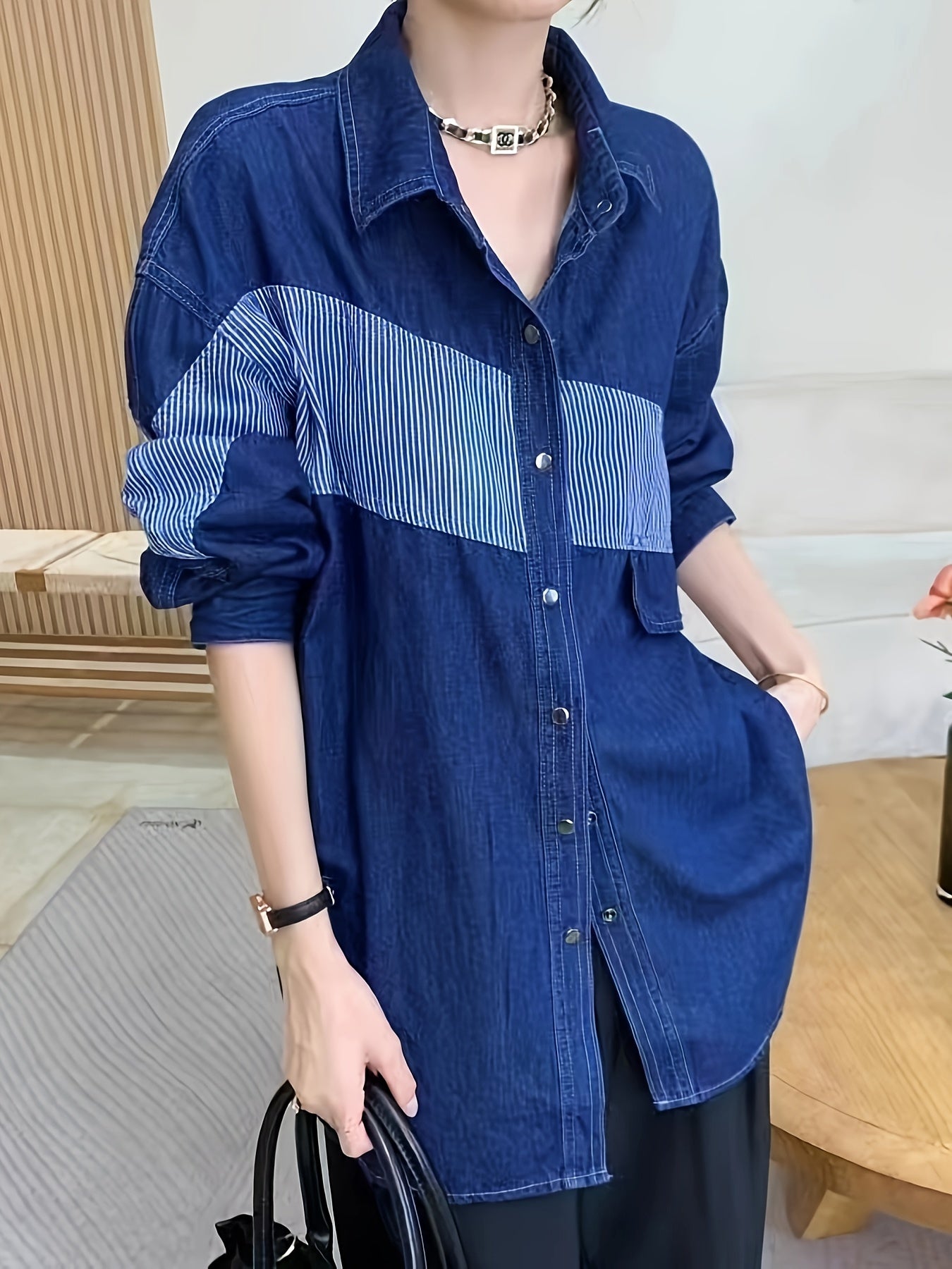 Colorblock Stripe Print Denim Top