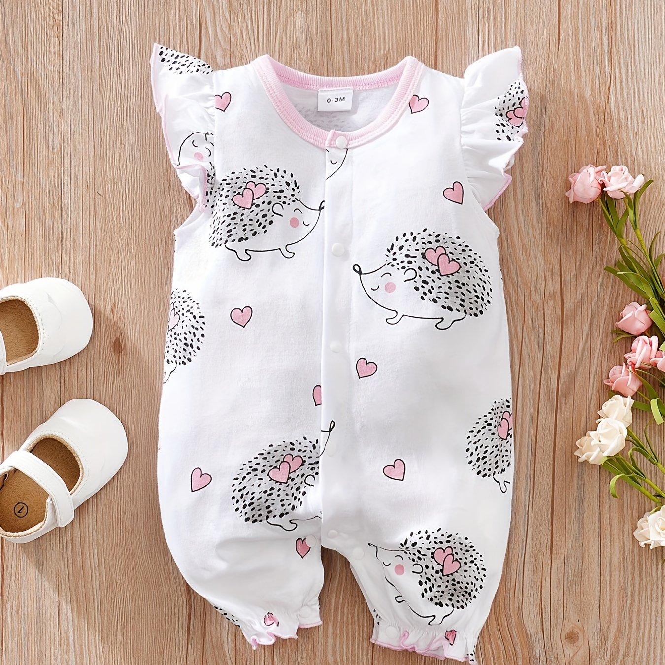 Comfy Hedgehog Print Flutter Sleeve Baby Girls Jumpsuit