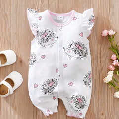 Comfy Hedgehog Print Flutter Sleeve Baby Girls Jumpsuit