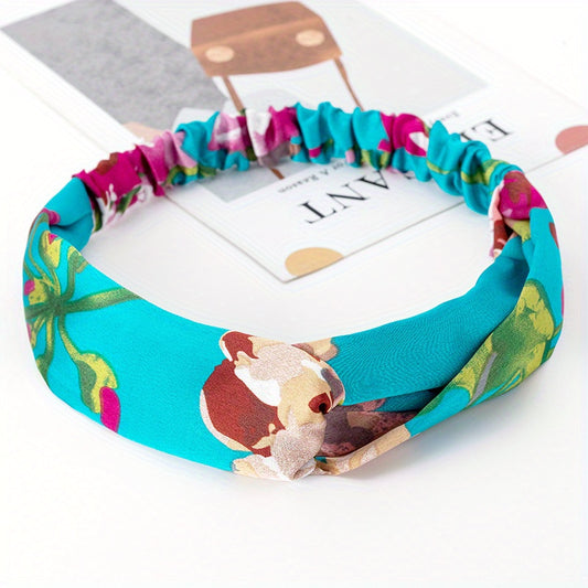 Retro Printed Wide Headband Cross Knotted Elastic Leopard Prints Hair