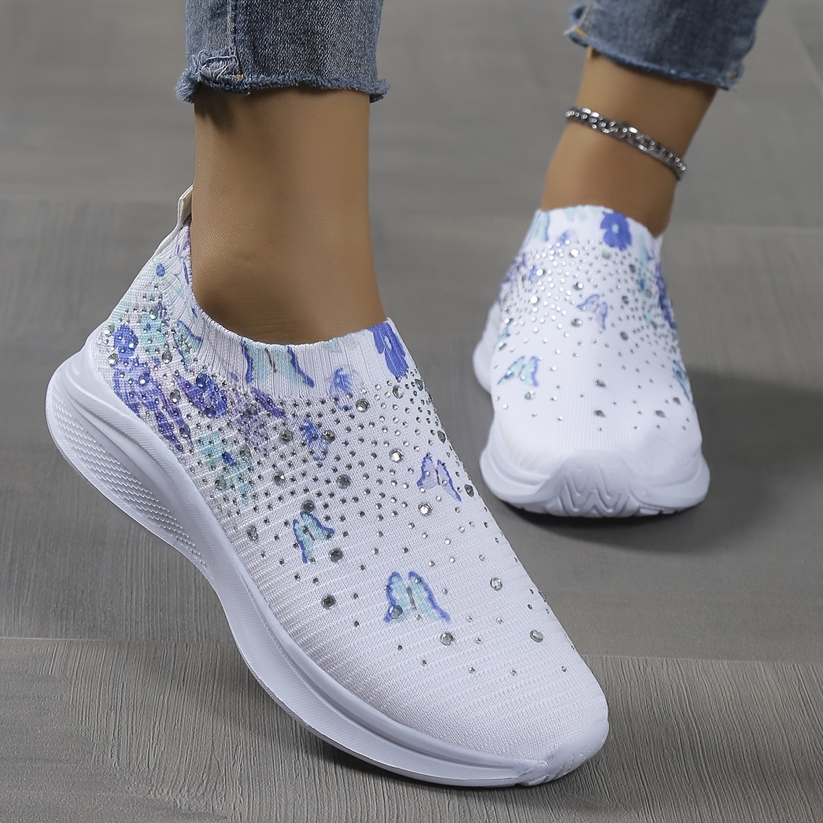Women's Rhinestone Butterfly Print Slip On Sports Shoes