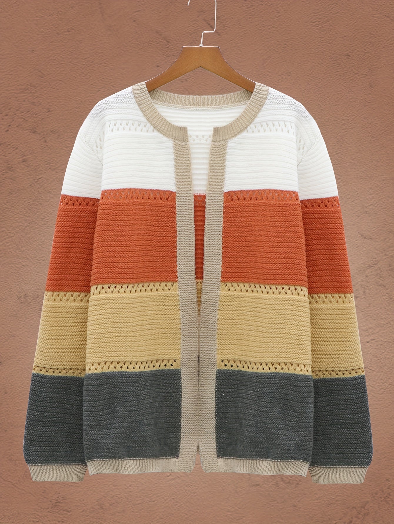 Colorblock Pointelle Long Sleeve Cardigan