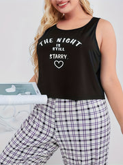 Slogan Heart Print Tank Top Plaid Joggers Lounge Set