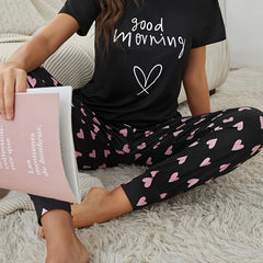 Heart Print Pajama Set Short Sleeve Crew Neck Top & Elastic Waistband Pants