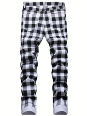 Plaid Slim Fit Jeans Mens Casual Stretch Denim Pants