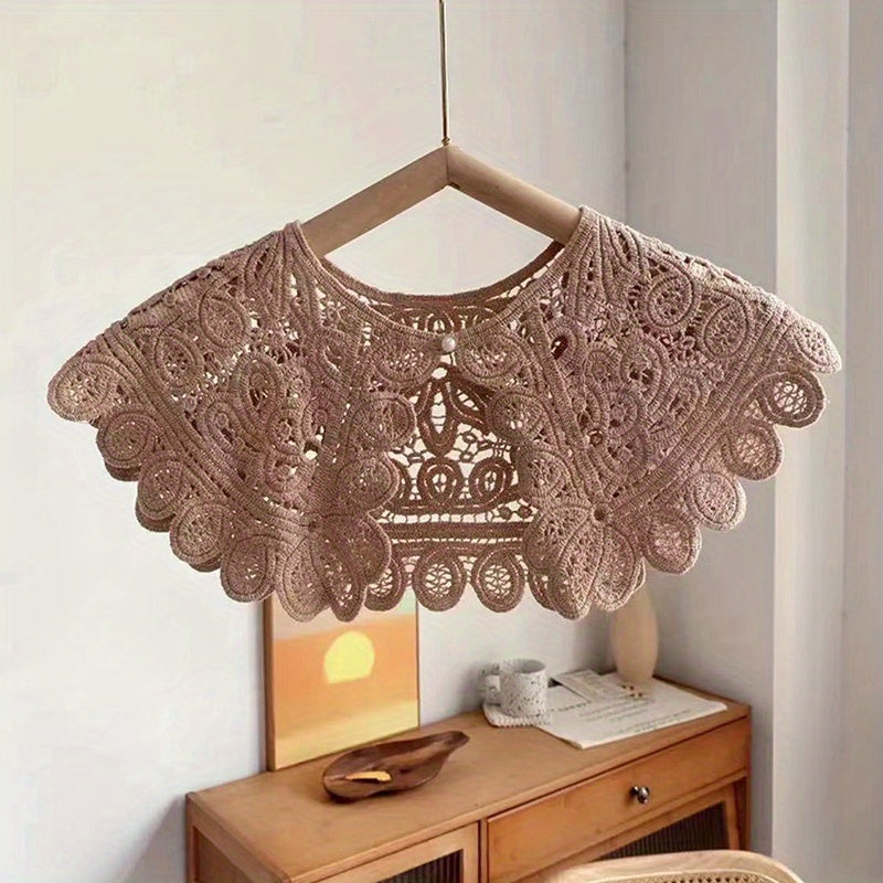 Lace Hollow Out False Collar Ruffles Faux Pearl Button Dickey Collar for Women