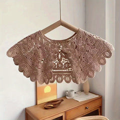 Lace Hollow Out False Collar Ruffles Faux Pearl Button Dickey Collar for Women