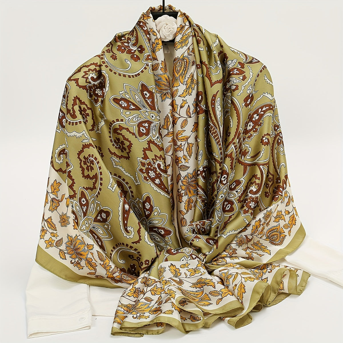 Vintage Green Paisley Print Satin Scarf Boho Shawl