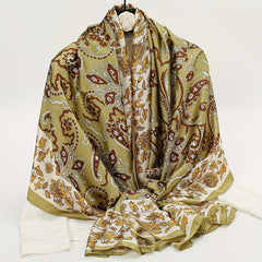 Vintage Green Paisley Print Satin Scarf Boho Shawl