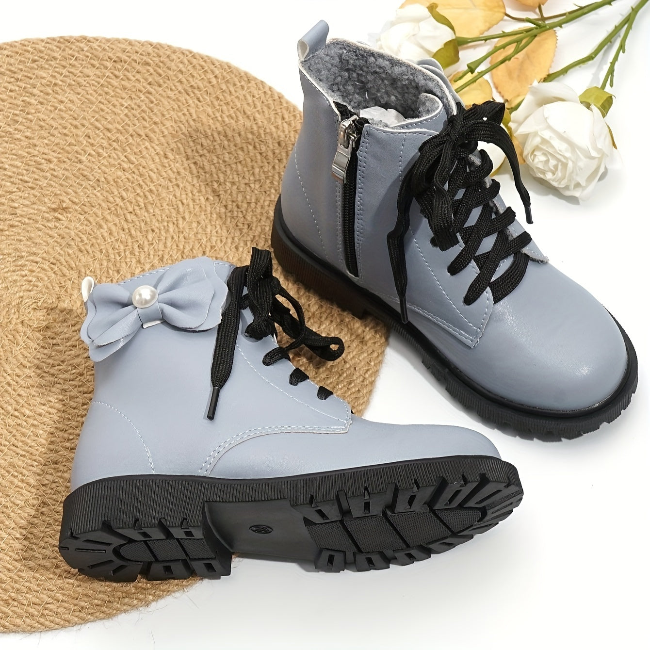 Bowknot Plus Fleece Boots With Zipper For Girls