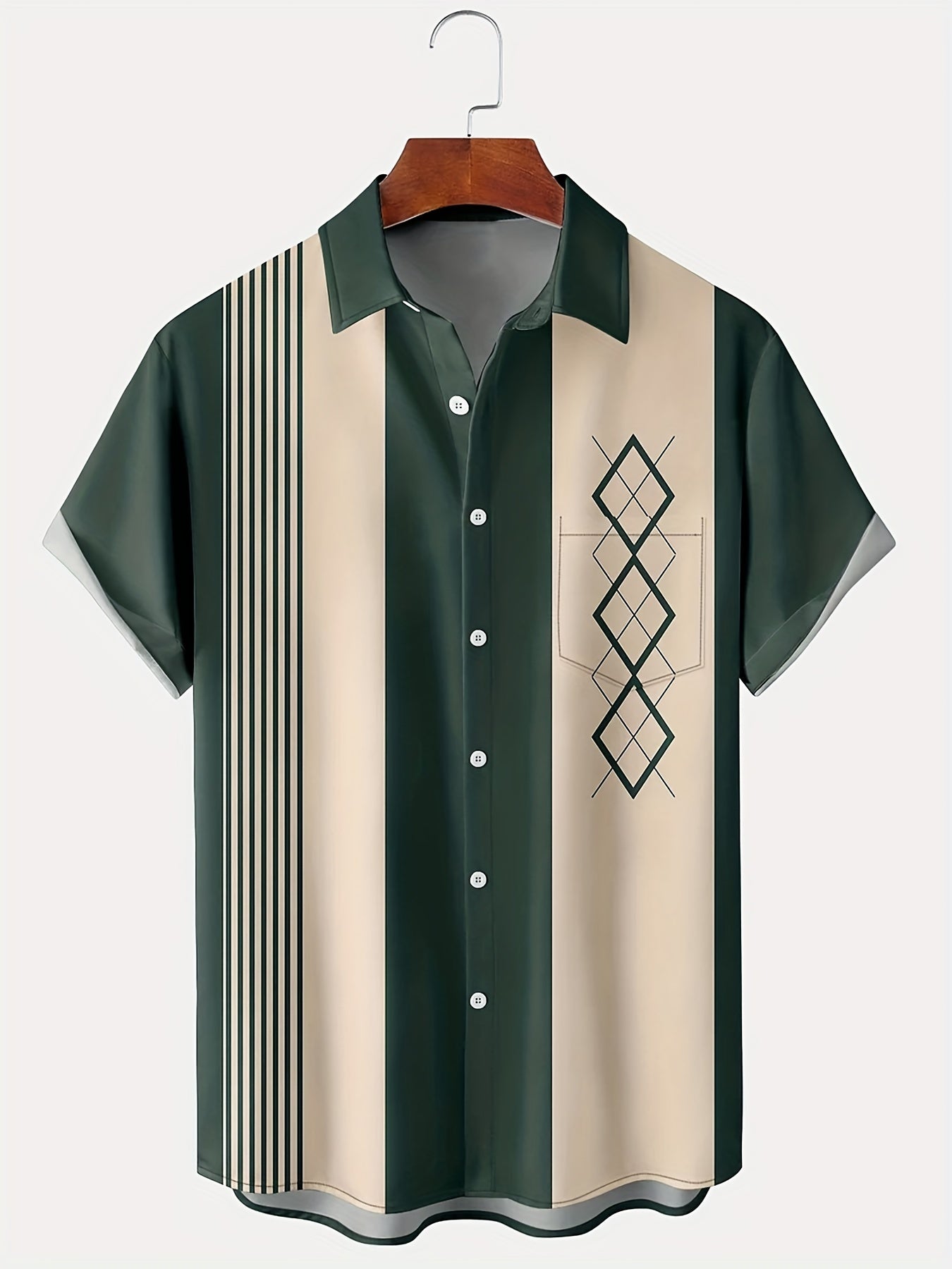 Vintage Geometric Print Men's Short Sleeve Shirt with Chest Pocket