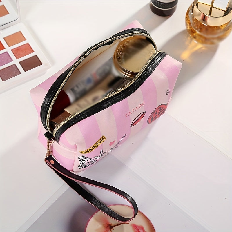 Heart & Striped Makeup Bag Lip Graphic Cosmetic Pouch Travel Toiletry Storage
