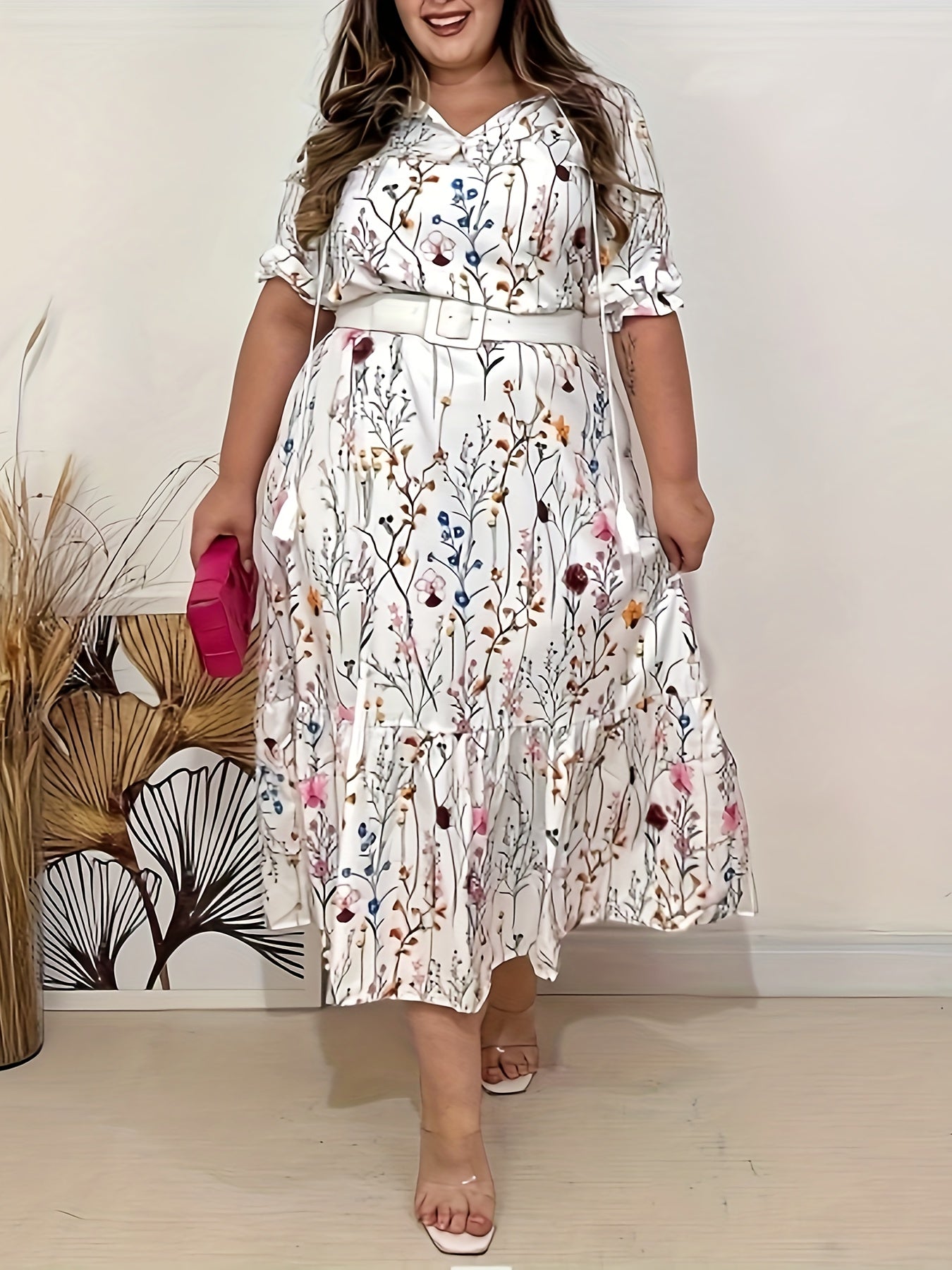 Women's Plus Floral Print V Neck Maxi Smock Dress