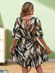 Geo Print Tie Back Dress Flutter Sleeve Surplice Neck Dress