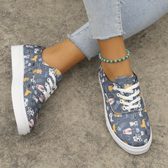 Women's Floral Pattern Lace Up Round Toe Flat Canvas Shoes
