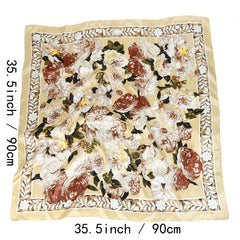Vintage Yellow Flower Print Satin Square Scarf for Summer