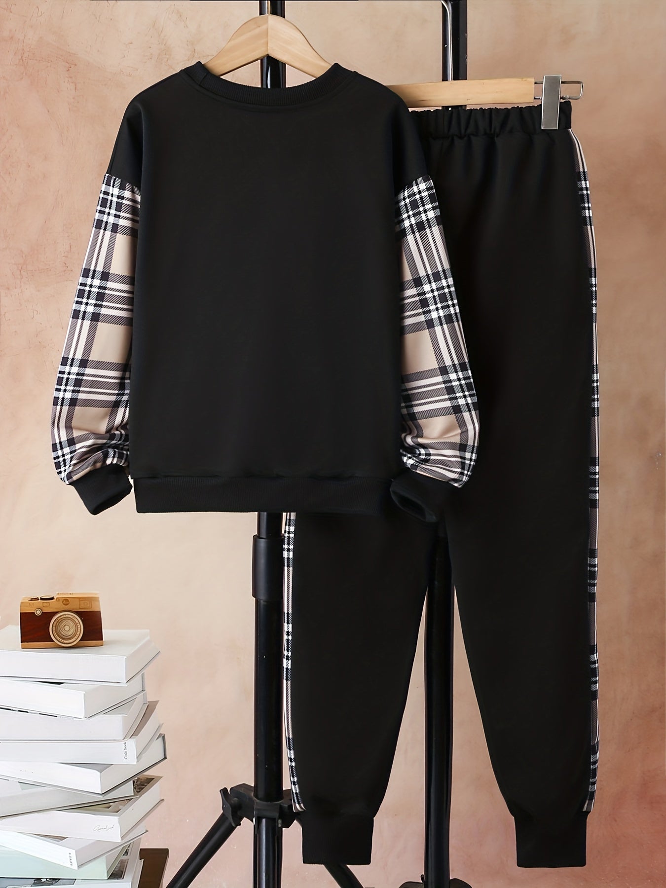 Plaid Bear Boy's 2pcs Sweatshirt & Sweatpants Set Street Style Outfits