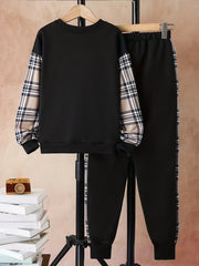 Plaid Bear Boy's 2pcs Sweatshirt & Sweatpants Set Street Style Outfits