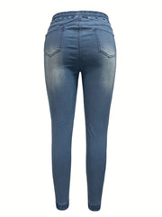 Solid Ripped Elastic Waist Jeans