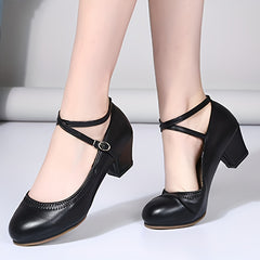 Women's Dance Shoes Cross Strap Chunky Heel Pumps