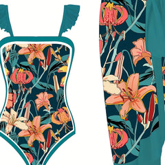 Boho Tankini Set Women's Plus Floral Print Ruffle Trim Swimsuit