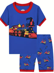 Boy's Train Graphic Print Pajamas T shirt & Shorts Set