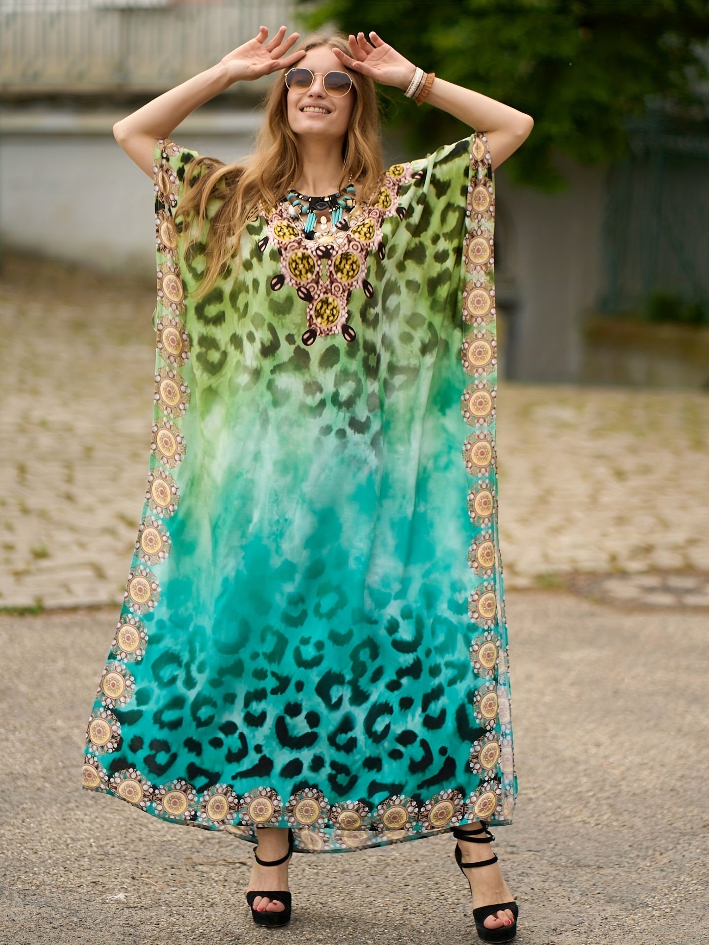 Boho Cover Up Tie Dye Stripe Print V Neck Bat Sleeve Split Dress