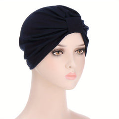 Pleated Square Knot Turban Hat Women Solid Hijab Hat Casual Elastic Head Wrap