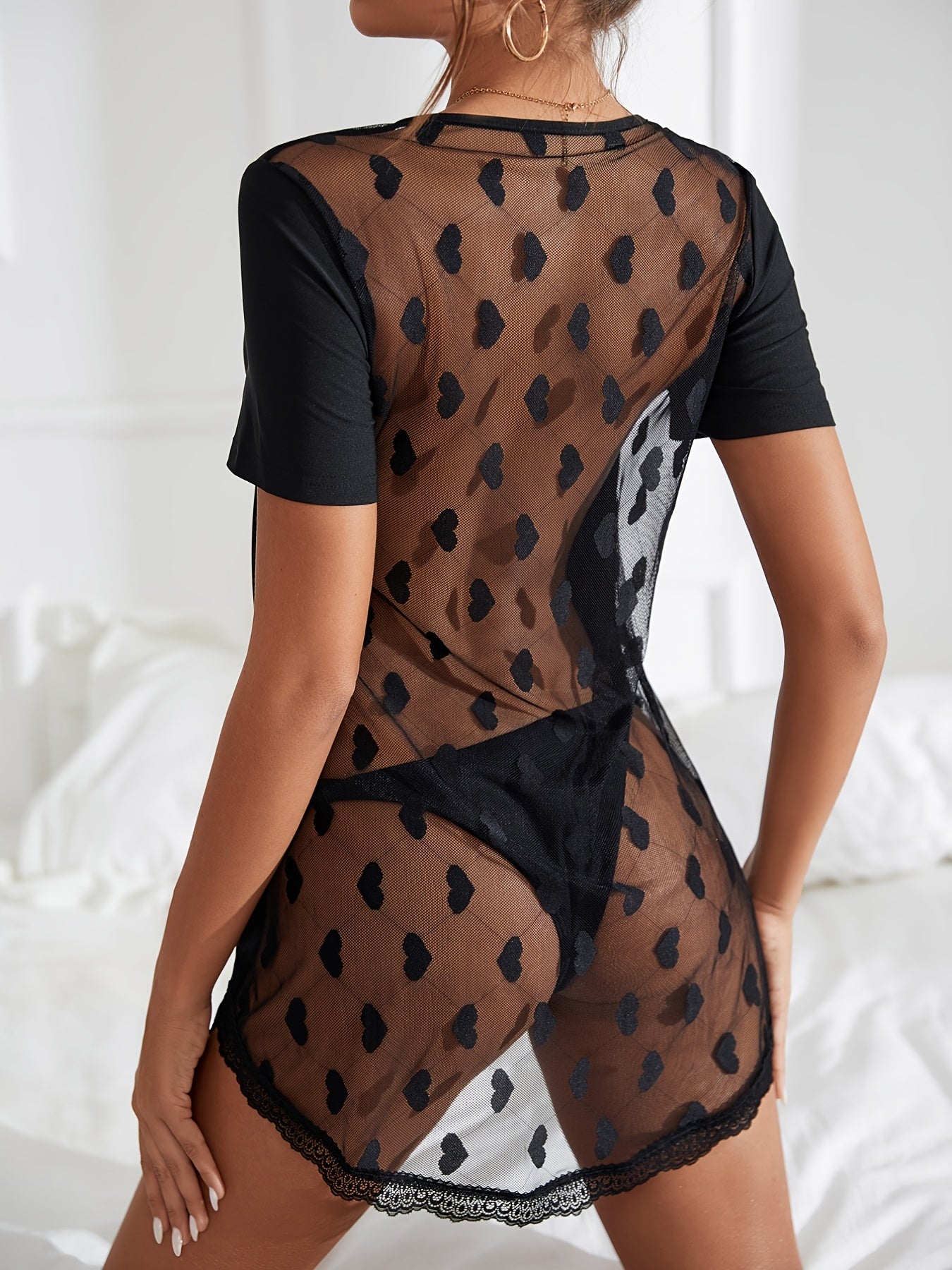 Sexy Lace Nightdress Heart Print Mesh Pajama Dress Women's Sleepwear