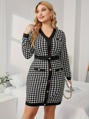 Houndstooth Print Long Sleeve V Neck Dress