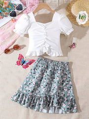 Girl's Summer 2 Piece Crop Top Short Set Floral Pleated Mini Skirt