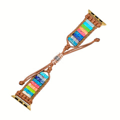 Colorful Beaded Watch Strap, Bohemian Woven Chain, Golden Flat Knot