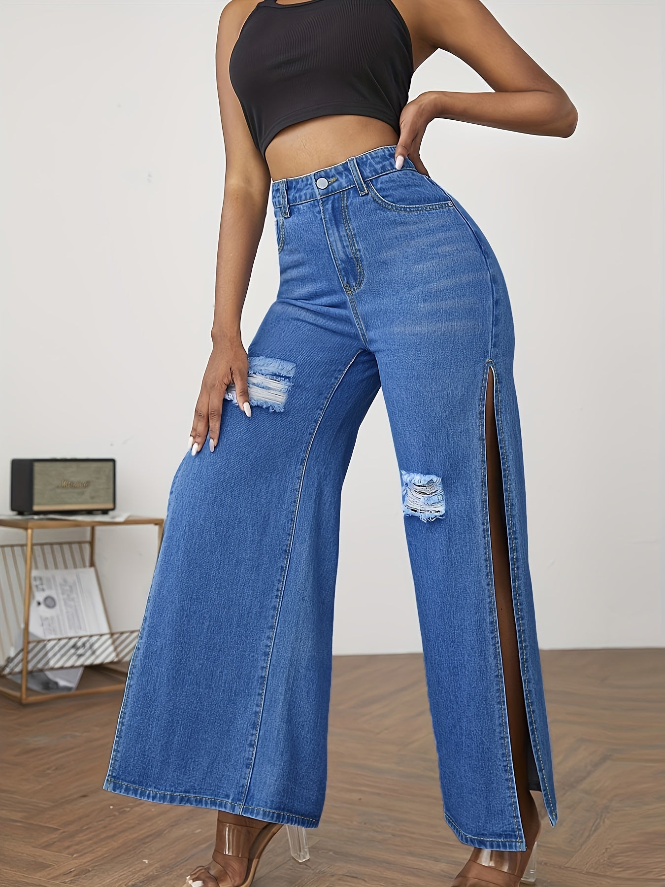 High Waist Split Denim Pants Distressed Wide Legs Jeans